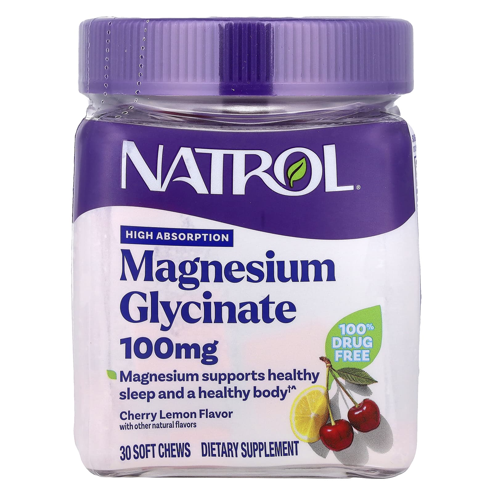 Natrol, Magnesium Glycinate, High Absorption, Cherry Lemon, 100 mg, 30 Soft Chews - Image 1