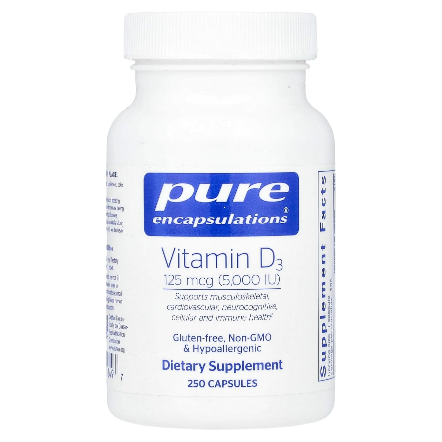Pure Encapsulations, Vitamin D3, 125 mcg (5,000 IU), 250 Capsules - Image 1