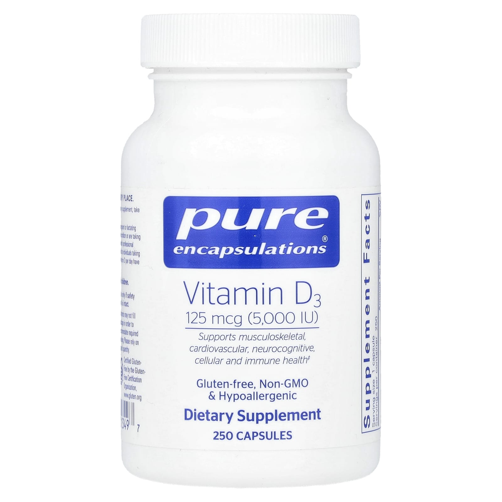 Pure Encapsulations, Vitamin D3, 125 mcg (5,000 IU), 250 Capsules - Image 1