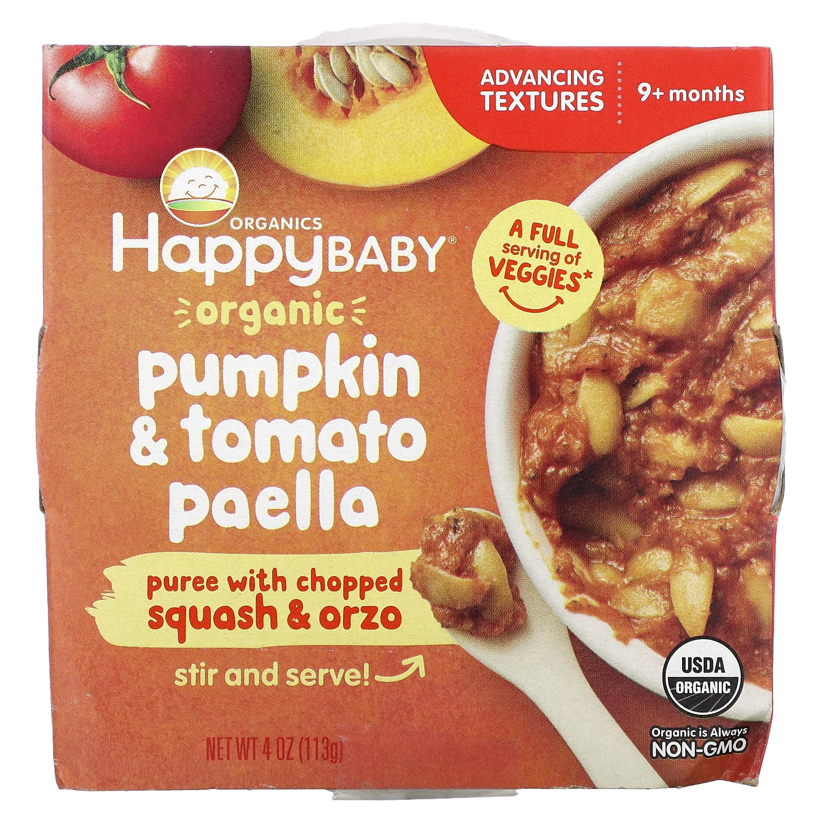Happy Family Organic Pumpkin & Tomato Paella Baby Food, 9+ Months, 4 oz, USDA Certified - Image 1