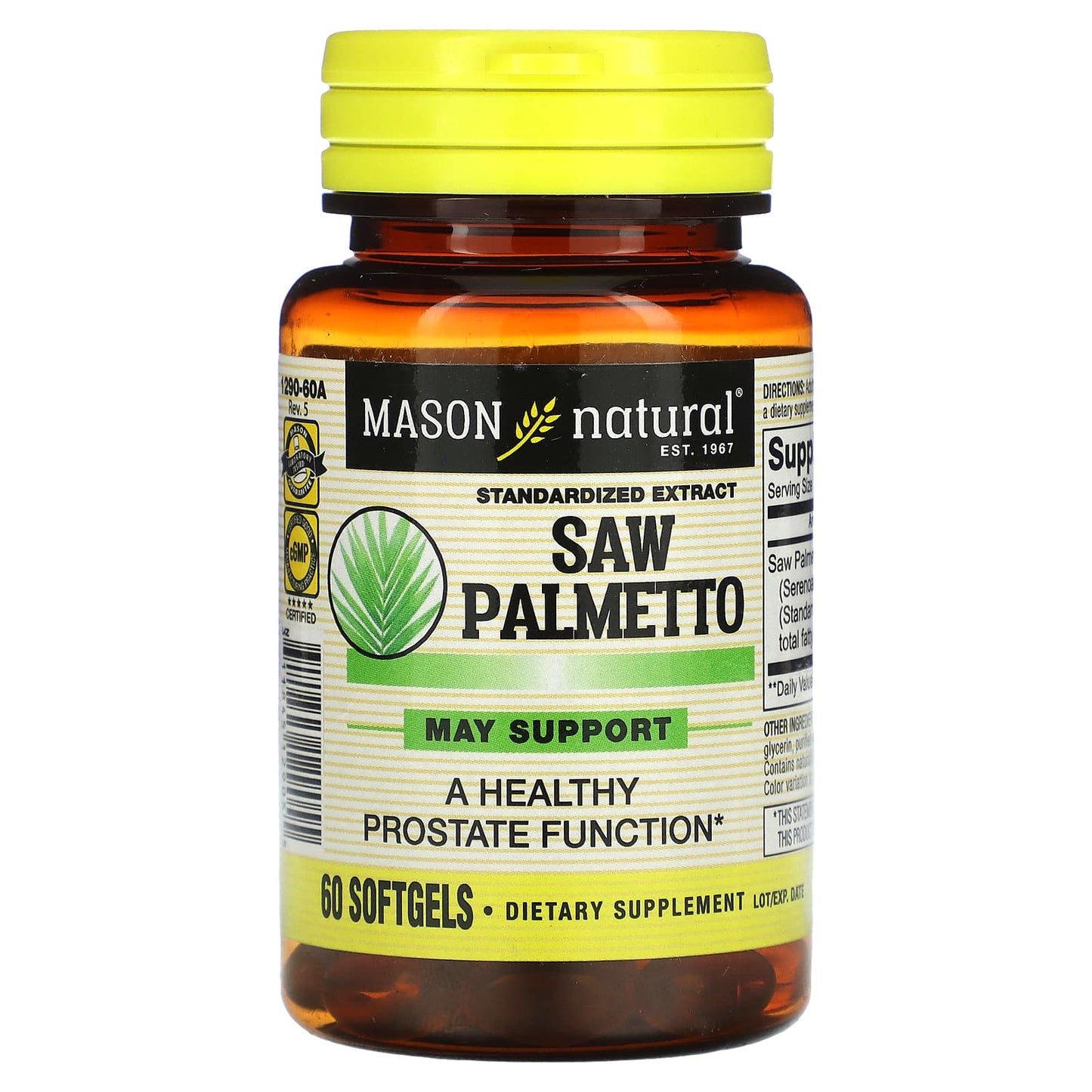 Mason Natural, Saw Palmetto, Standardized Extract, 60 Softgels (160 mg per Softgel) - Image 1