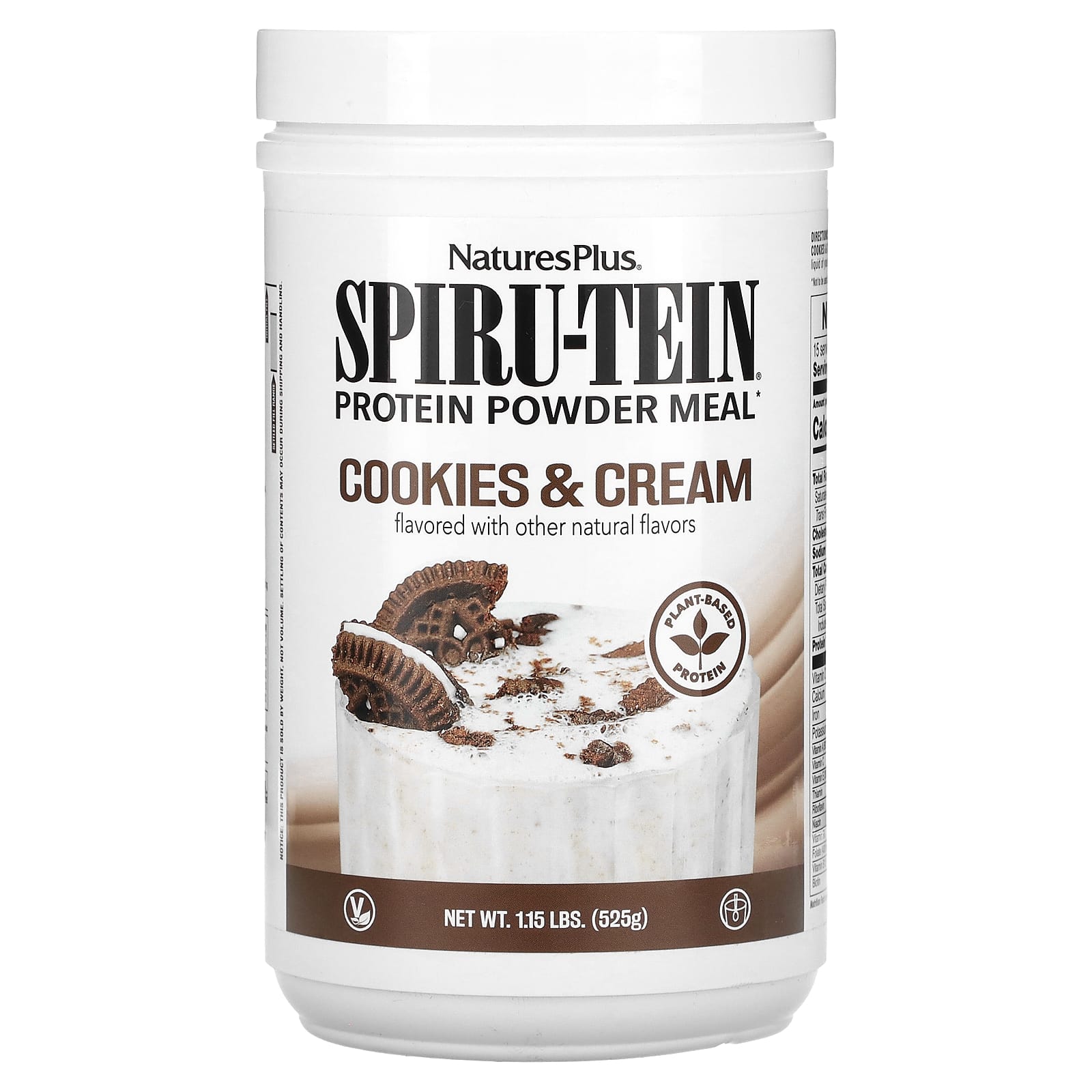 NaturesPlus, Spiru-Tein, Protein Powder Meal, Cookies & Cream, 1.15 lbs (525 g) - Image 1