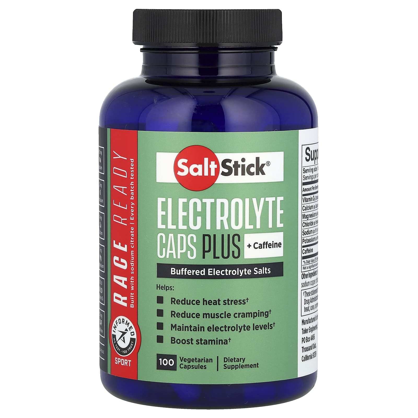 SaltStick, Electrolyte Caps Plus Caffeine, 100 Vegetarian Capsules - Image 1
