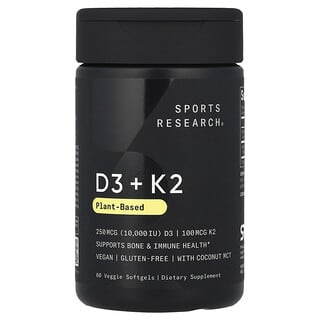 Sports Research Vitamin D3 + K2 - 250mcg/100mcg - 60 Softgels - Vegan & Gluten-F