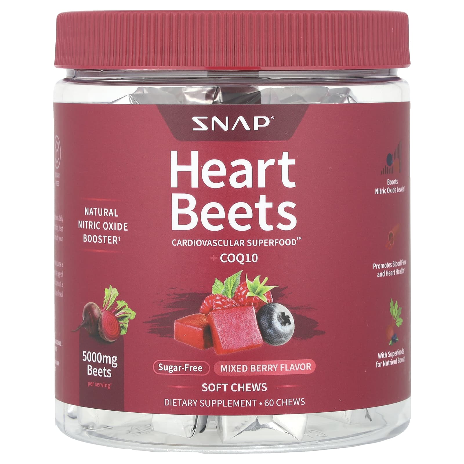 Snap Supplements, Heart Beets + CoQ10, Mixed Berry, 60 Soft Chews - Image 1