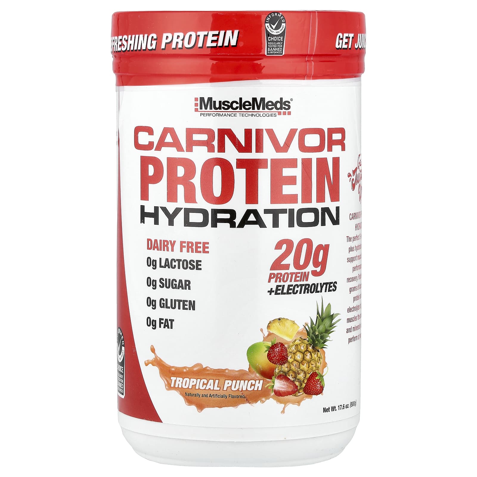 MuscleMeds, Carnivor Protein Hydration, Tropical Punch, 17.6 oz (500 g) - Image 1