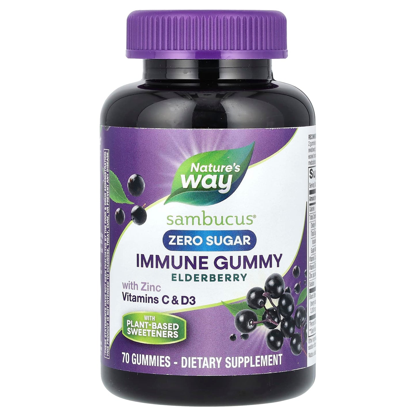 Nature's Way, Sambucus, Immune Gummy with Zinc, Vitamins C & D3, Zero Sugar, Elderberry, 70 Gummies - Image 1