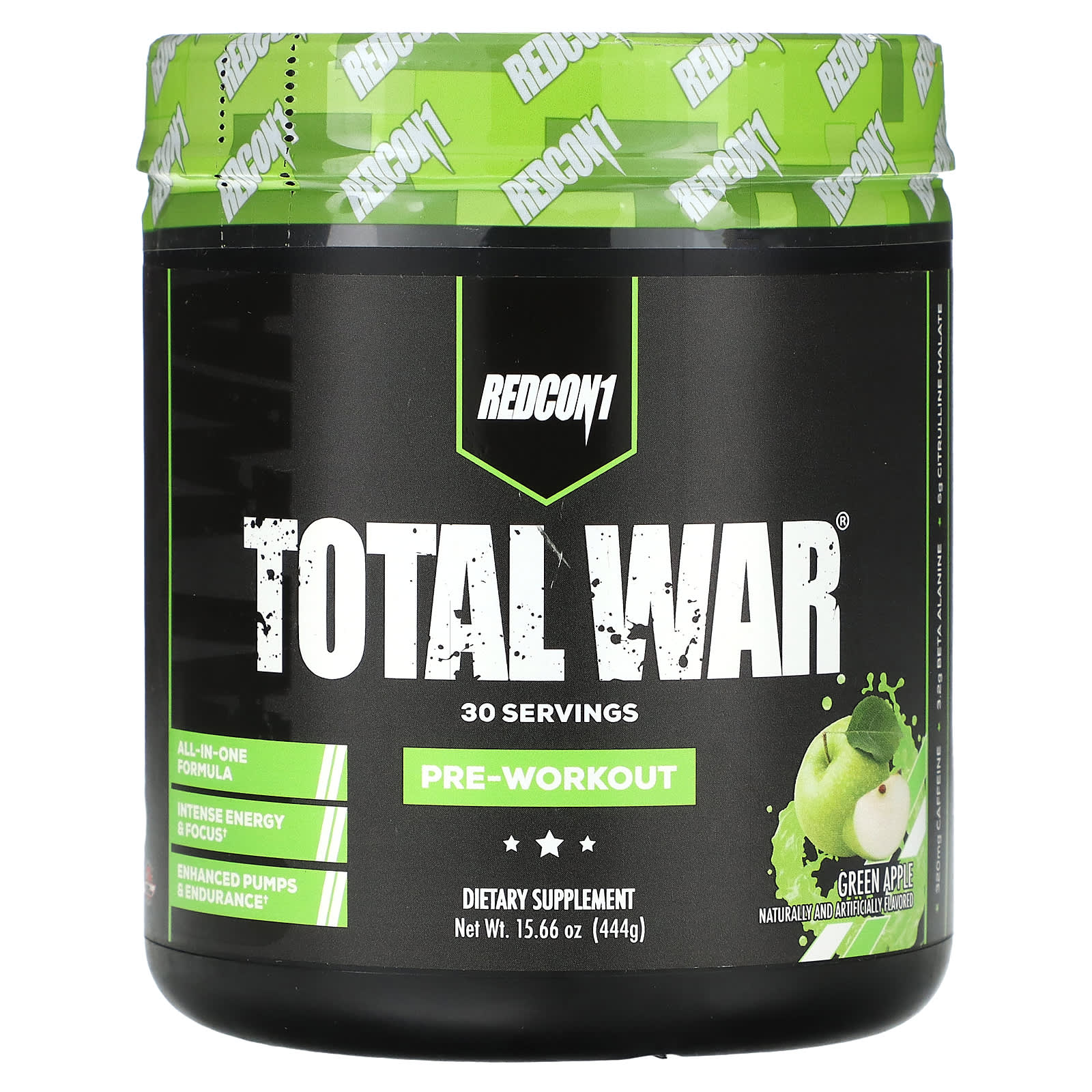 Redcon1, Total War, Pre-Workout, Green Apple, 15.66 oz (444 g) - Image 1