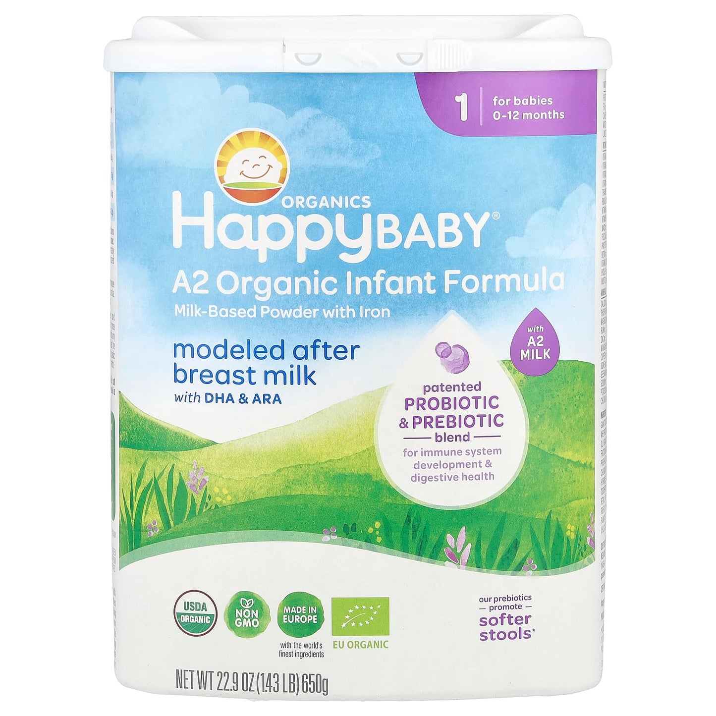 Happy Family Organics USDA Organic Infant Formula, A2 Milk, 0-12 Months, 22.9 oz - Image 1
