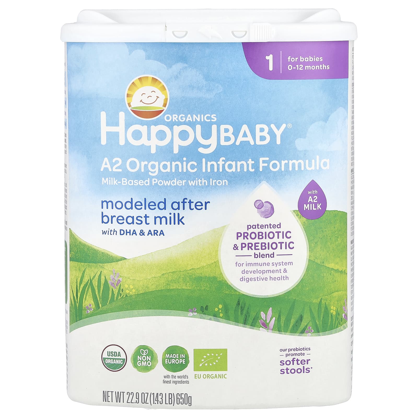 Happy Family Organics USDA Organic Infant Formula, A2 Milk, 0-12 Months, 22.9 oz - Image 1