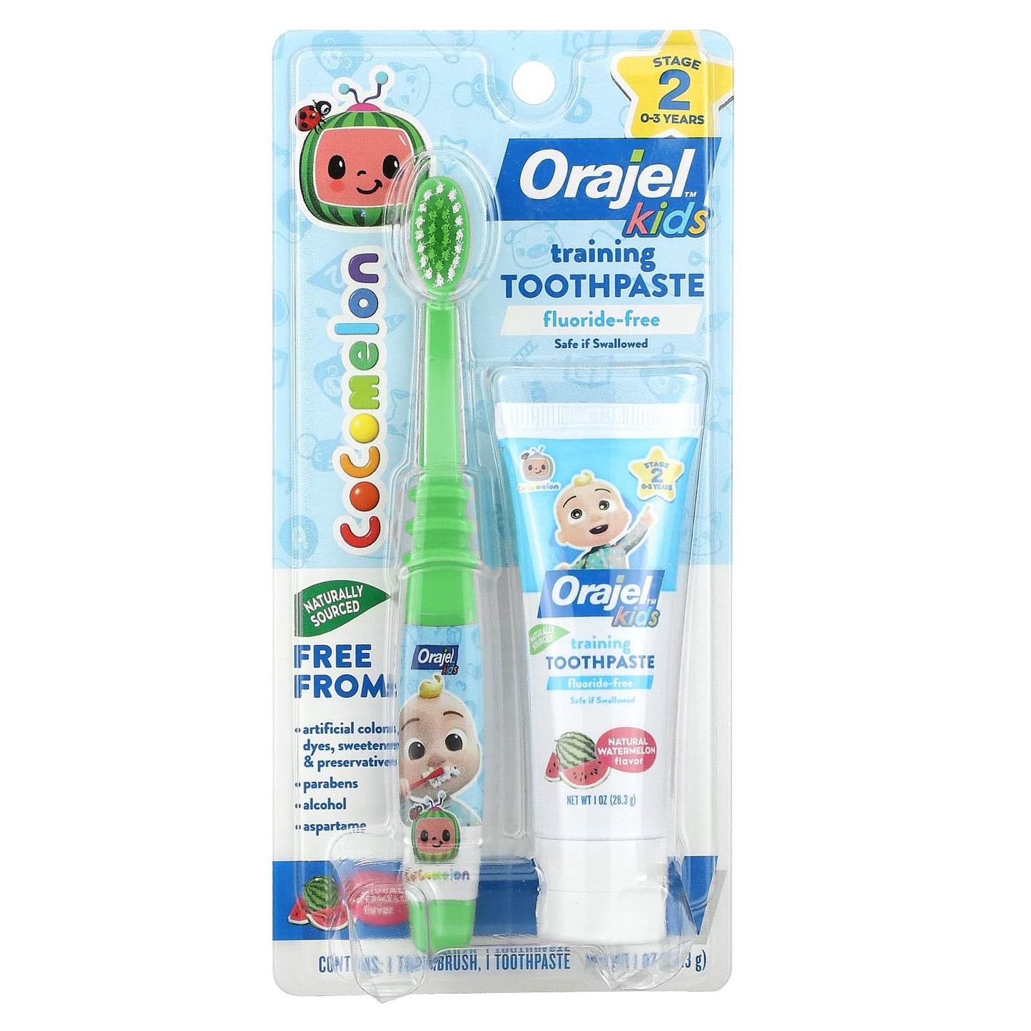 Orajel, Kids, Cocomelon Training Toothpaste with Toothbrush, Fluoride-Free, 0-3 Years, Watermelon, 2 Piece Set, 1 oz (28.3 g) - Image 1