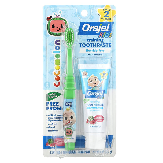 Orajel, Kids, Cocomelon Training Toothpaste with Toothbrush, Fluoride-Free, 0-3 Years, Watermelon, 2 Piece Set, 1 oz (28.3 g) - Image 1