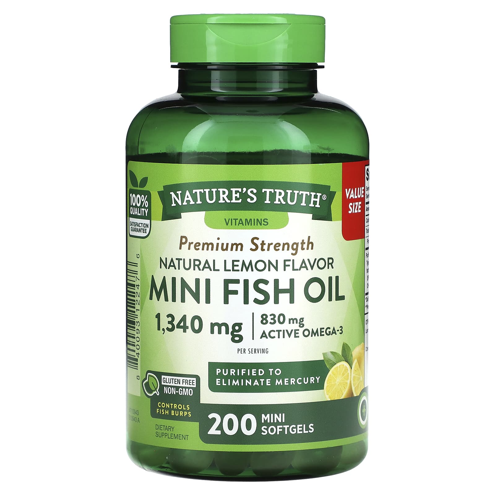 Nature's Truth, Mini Fish Oil, Premium Strength, Natural Lemon, 200 Mini Softgels (670 mg per Softgel) - Image 1