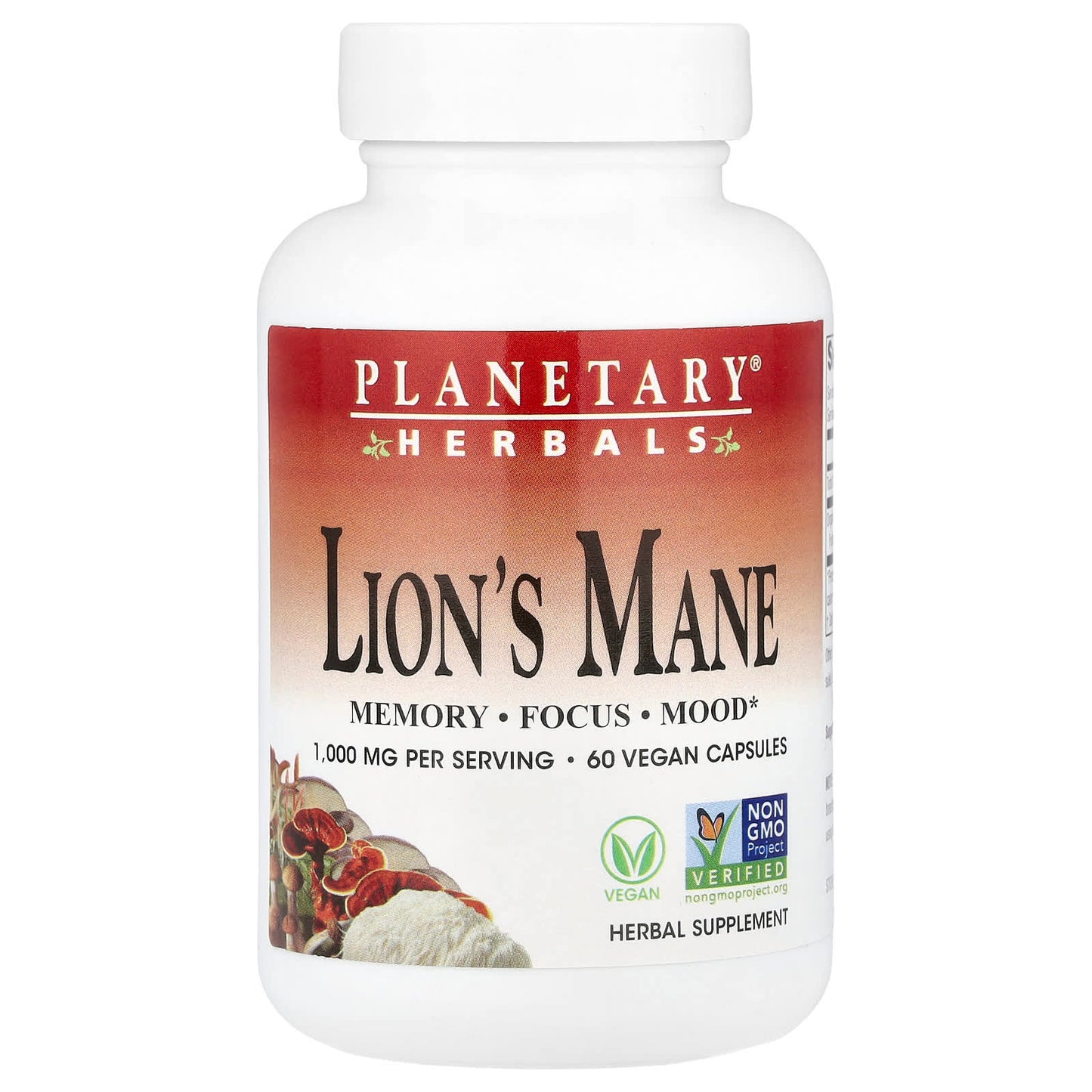 Planetary Herbals, Lion's Mane, 60 Vegan Capsules (500 mg per Capsule) - Image 1