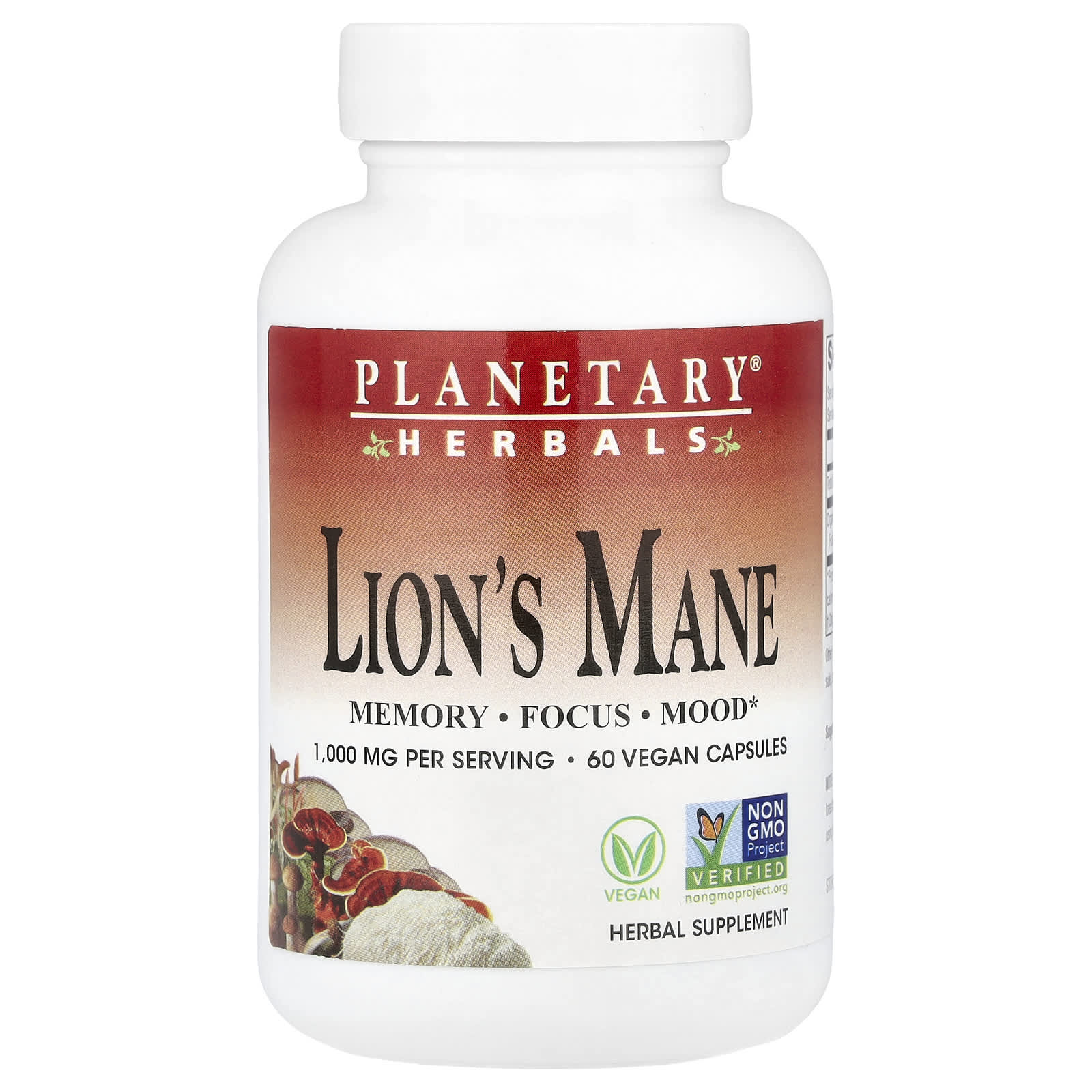 Planetary Herbals, Lion's Mane, 60 Vegan Capsules (500 mg per Capsule) - Image 1