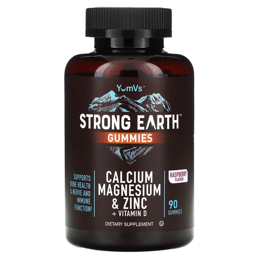 YumVs, Strong Earth Gummies, Calcium, Magnesium & Zinc + Vitamin D, Raspberry, 90 Gummies - Image 1