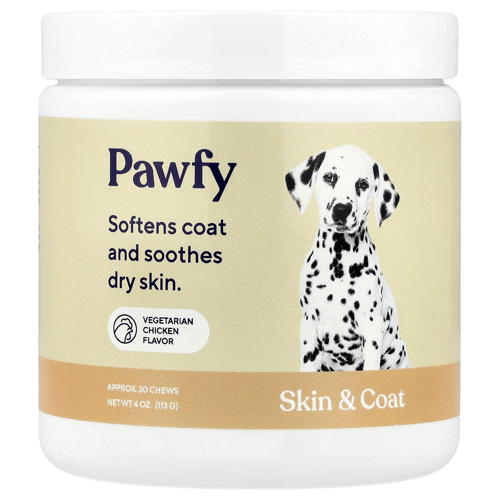 Pawfy, Skin & Coat, For Dogs, Vegetarian Chicken , Approx. 30 Chews, 4 oz (113 g) - Image 1