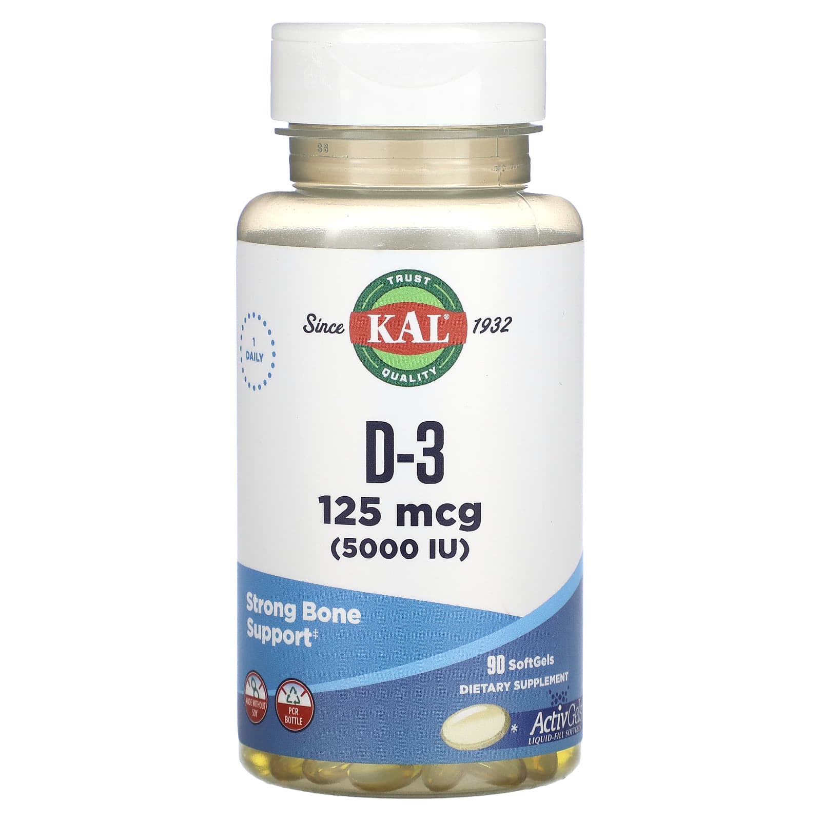 KAL, D-3, 125 mcg (5,000 IU), 90 Softgels - Image 1