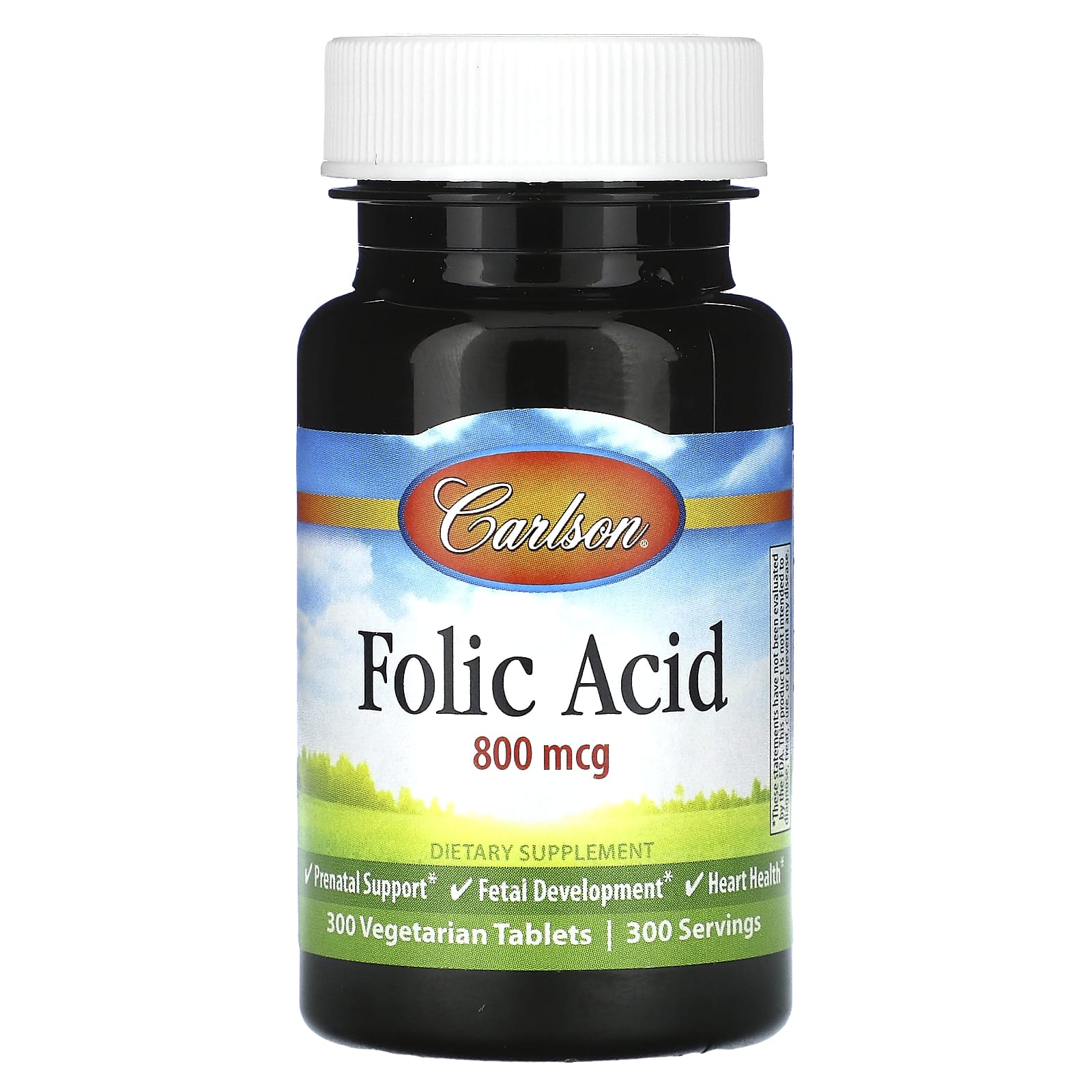 Carlson Folic Acid 800 mcg, 300 Vegetarian Tablets for Prenatal Support - Image 1