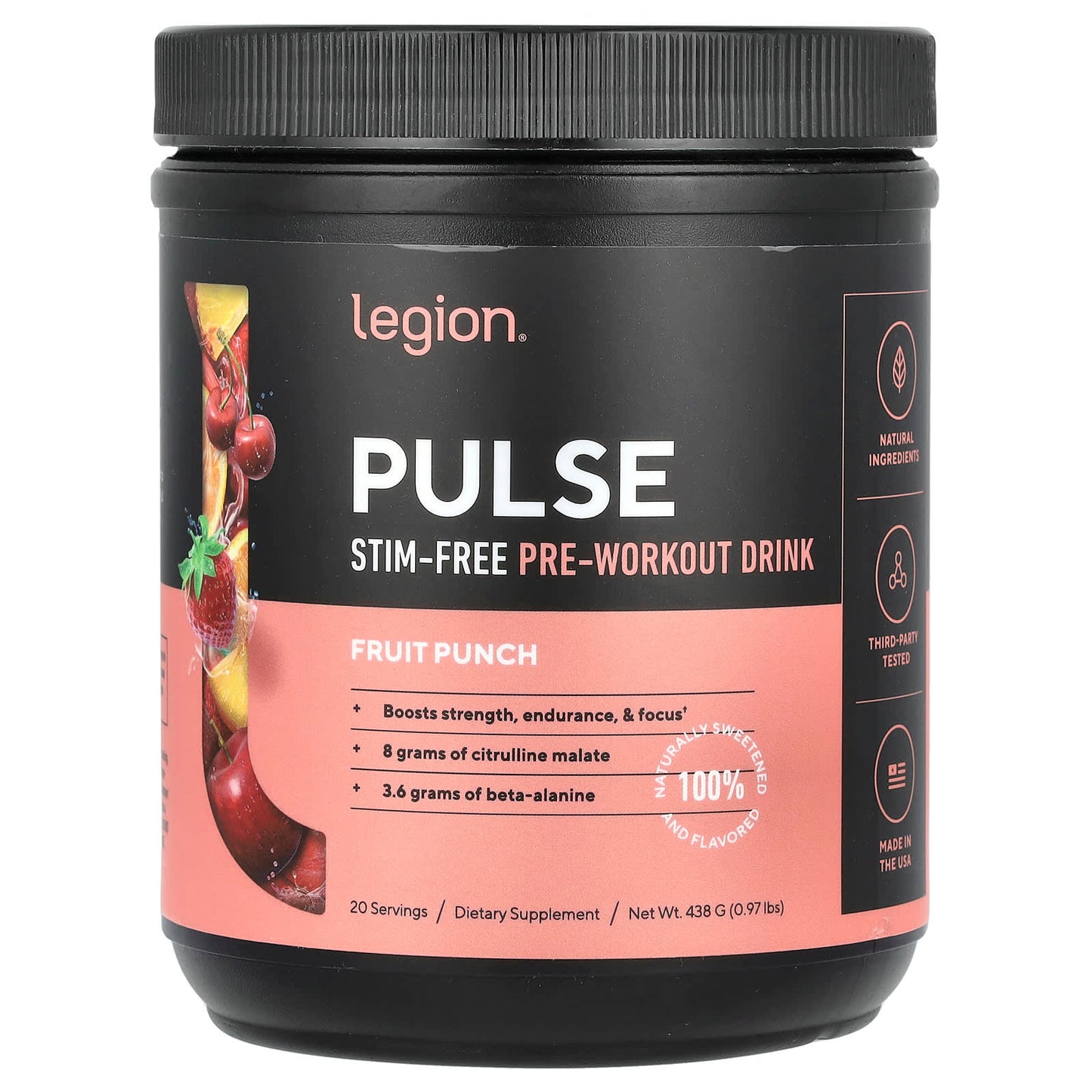 Legion Athletics, Pulse, Stim-Free Pre-Workout Drink, Fruit Punch, 0.97 lbs (438 g) - Image 1