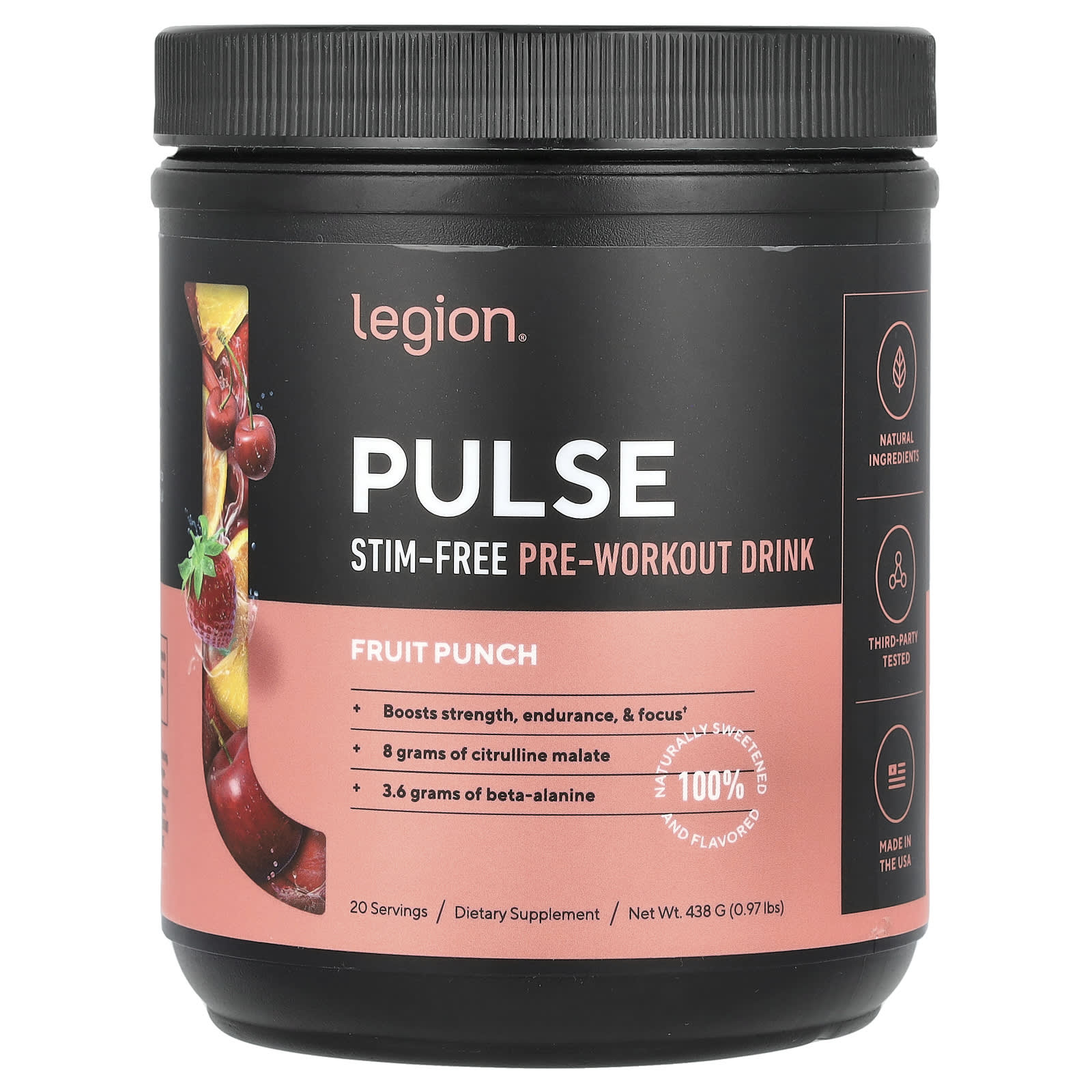 Legion Athletics, Pulse, Stim-Free Pre-Workout Drink, Fruit Punch, 0.97 lbs (438 g) - Image 1