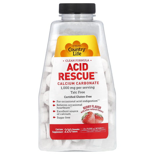 Country Life Acid Rescue Calcium Carbonate Berry 220 Chewable Tablets - Image 1