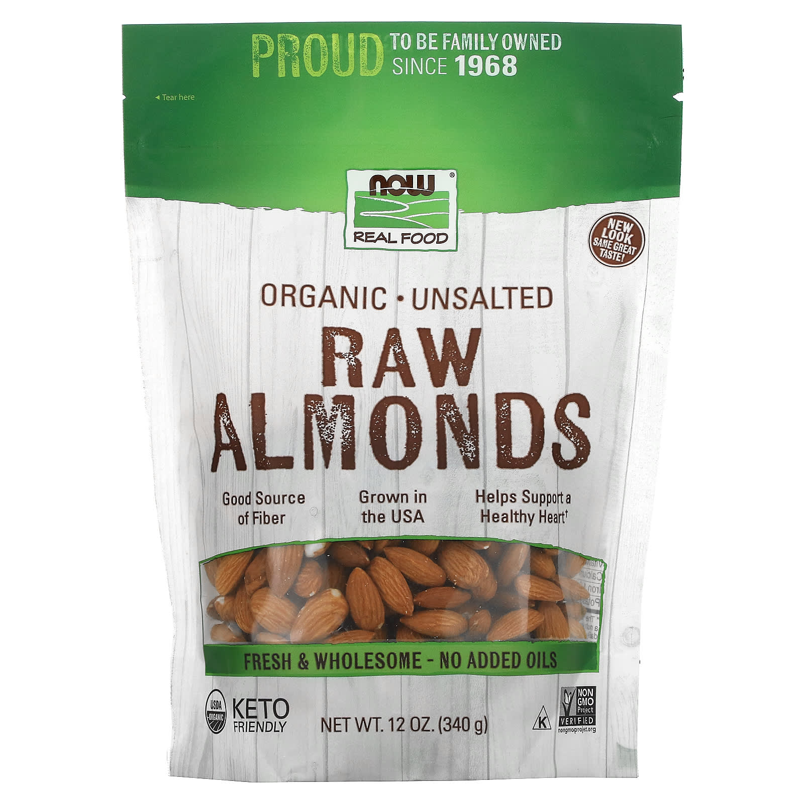 NOW Foods, Real Food, Organic Raw Almonds, Unsalted, 12 oz (340 g) - Image 1
