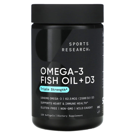 Sports Research, Omega-3 Fish Oil + D3, Triple Strength , 1,040 mg & 62.5 mcg (2,500 IU), 120 Softgels - Image 1