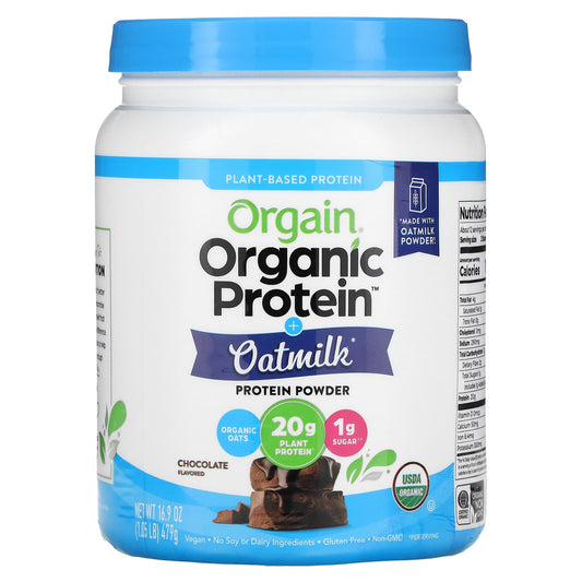 Orgain, Organic Protein Powder + Oatmilk, Plant Based, Chocolate, 1.05 lb (479 g) - Image 1