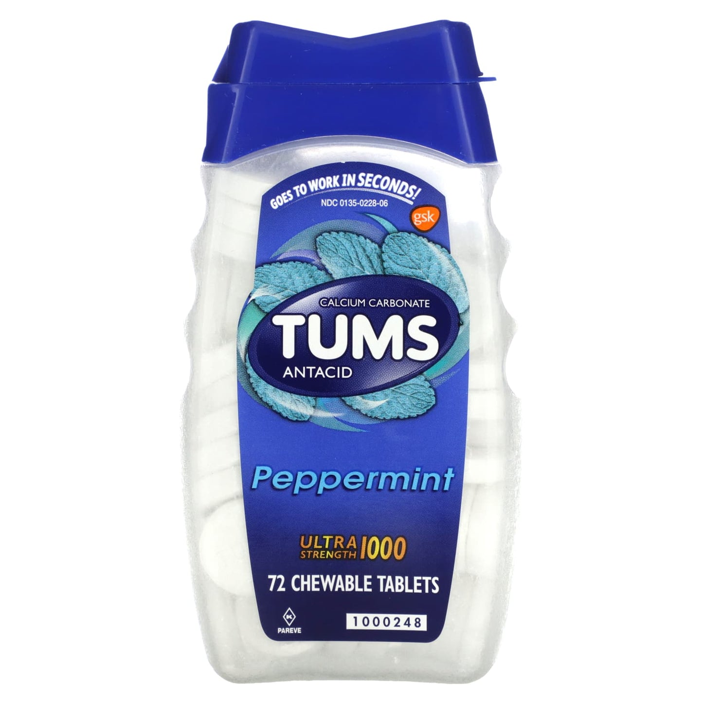 Tums, Ultra Strength Antacid, Peppermint, 72 Chewable Tablets (1,000 mg per Tablet) - Image 1