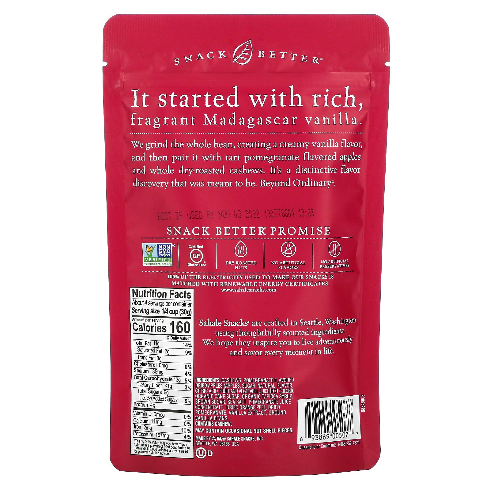 Sahale Snacks, Glazed Mix, Naturally Pomegranate Vanilla Cashews, 4 oz (113 g) - Image 2