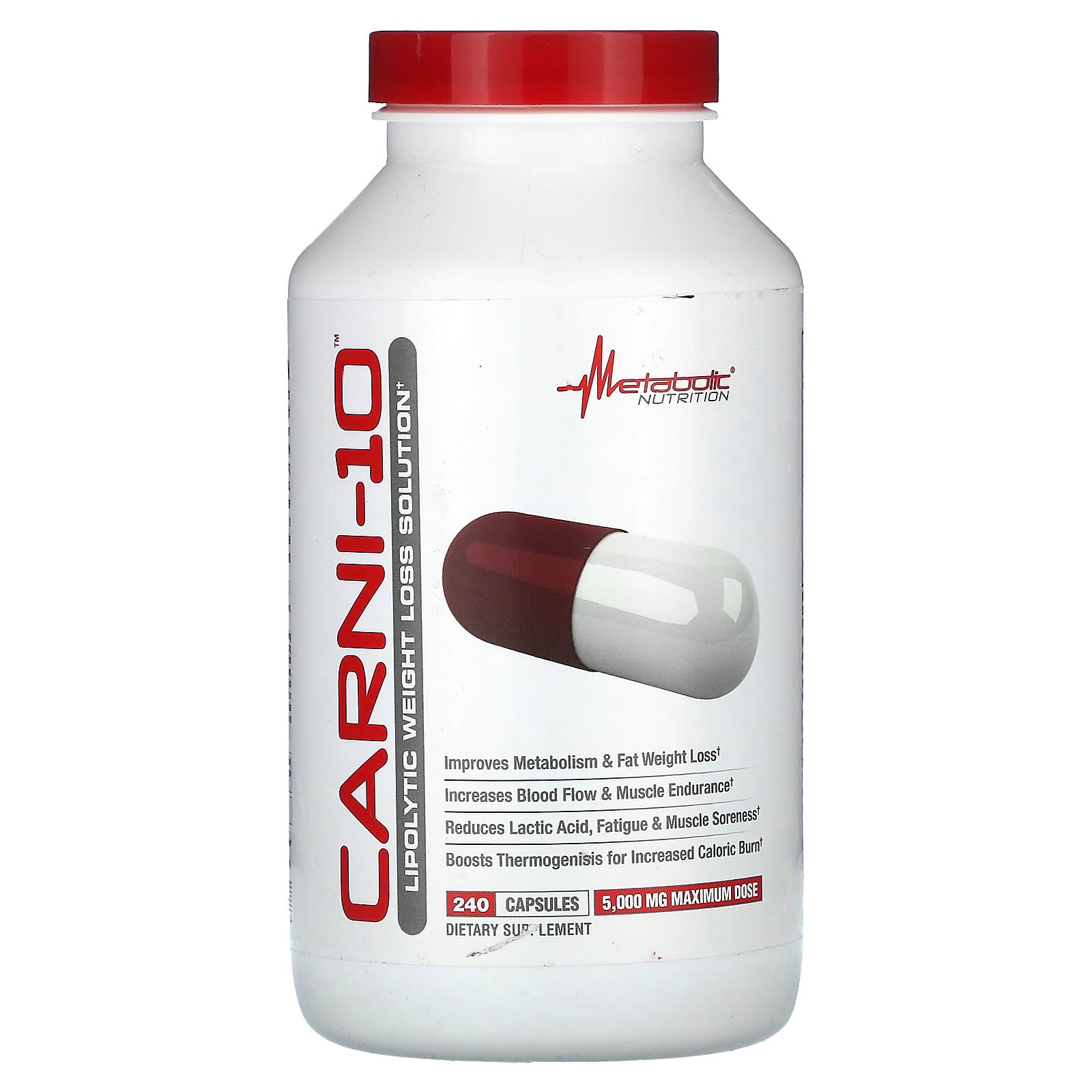 Metabolic Nutrition, Carni-10, 5,000 mg, 240 Capsules (625 mg per Capsule) - Image 1