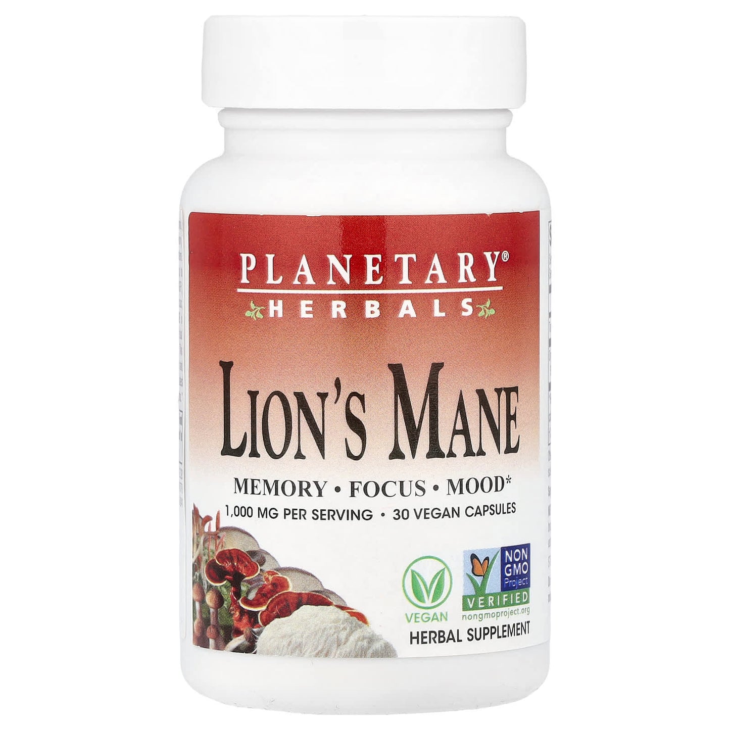Planetary Herbals, Lion's Mane, 30 Vegan Capsules (500 mg per Capsule) - Image 1