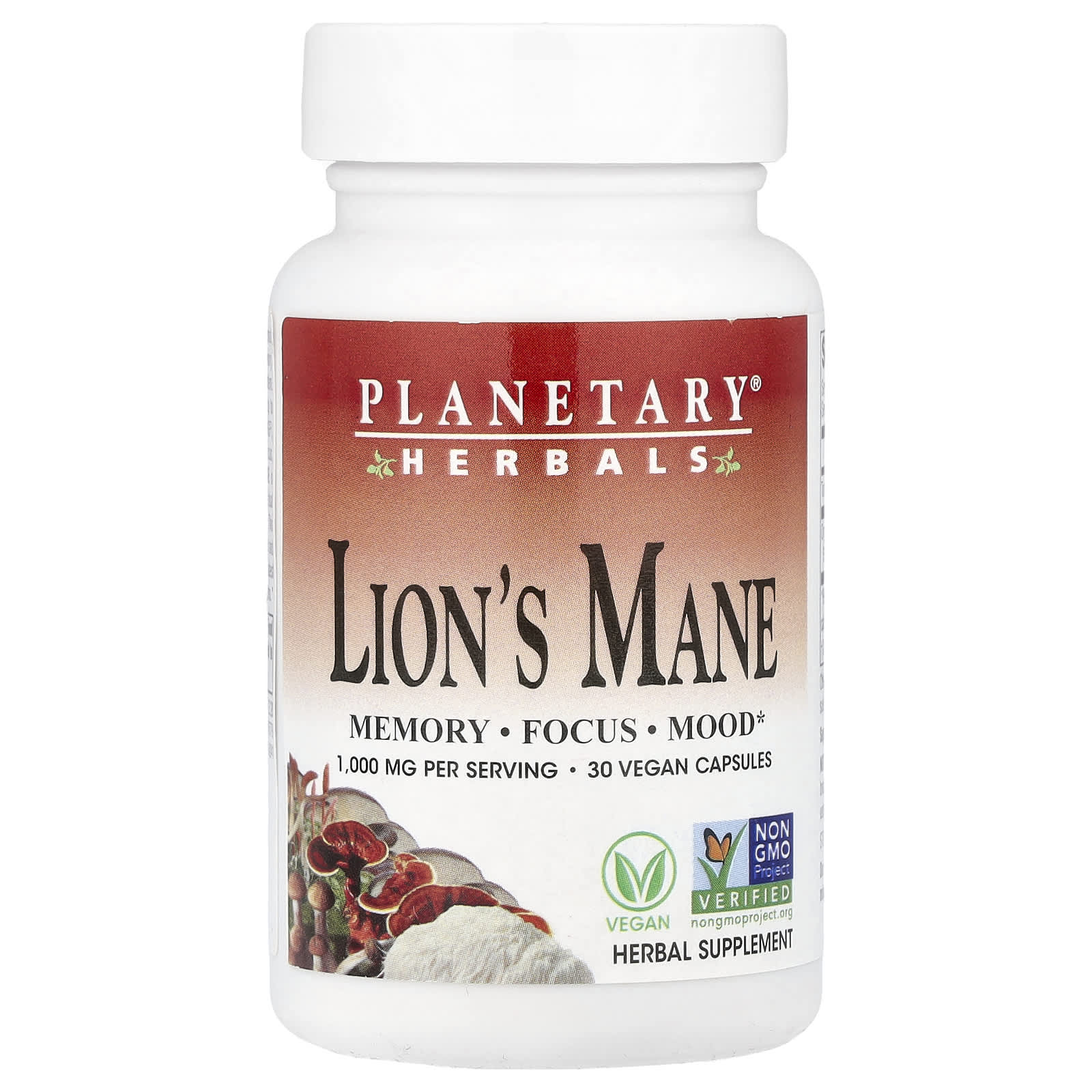 Planetary Herbals, Lion's Mane, 30 Vegan Capsules (500 mg per Capsule) - Image 1