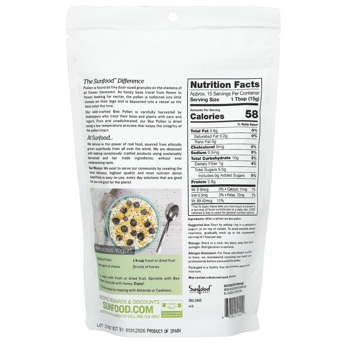 Sunfood, Raw Wild-Crafted Bee Pollen, 8 oz (227 g) - Image 2