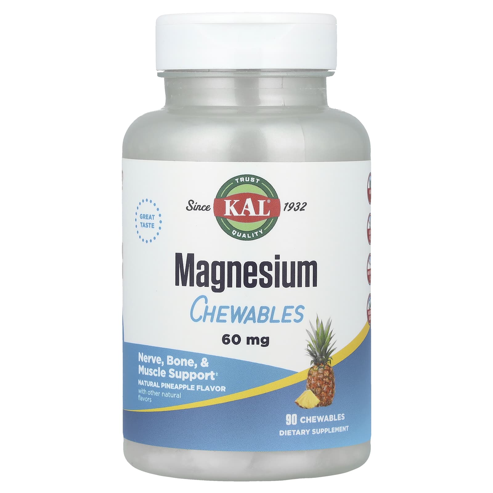 KAL, Magnesium Chewables, Pineapple, 60 mg, 90 Chewables - Image 1
