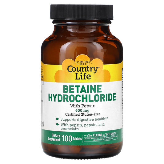 Country Life Betaine HCL with Pepsin & Digestive Enzymes | 600mg, 100 Tablets - Image 1