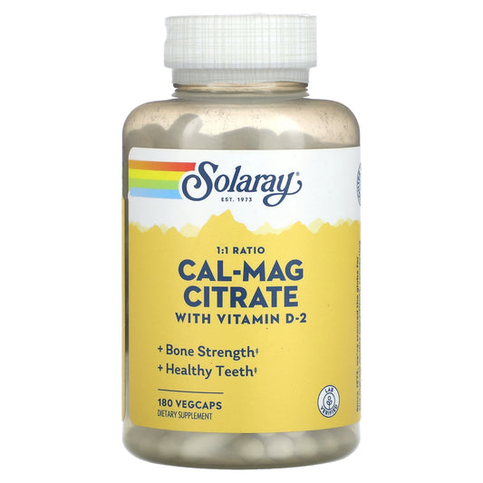 Solaray, Cal-Mag Citrate with Vitamin D-2, 1:1 Ratio, 180 Vegcaps - Image 1