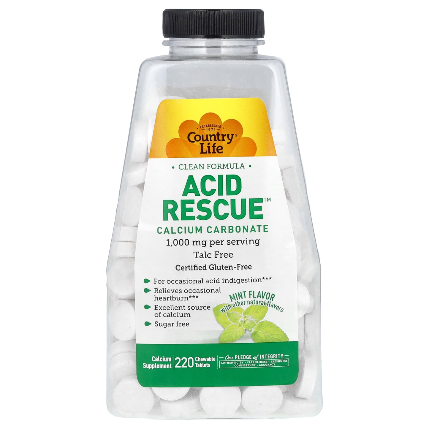 Country Life Acid Rescue Calcium Supplement, 220 Chewable Tablets, Gluten-Free - Image 1
