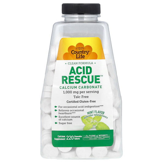 Country Life Acid Rescue Calcium Supplement, 220 Chewable Tablets, Gluten-Free - Image 1