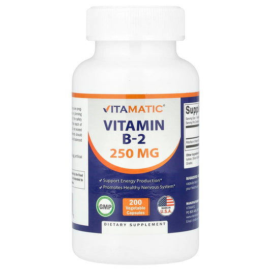 Vitamatic, Vitamin B-2, 250 mg , 200 Vegetable Capsules - Image 1