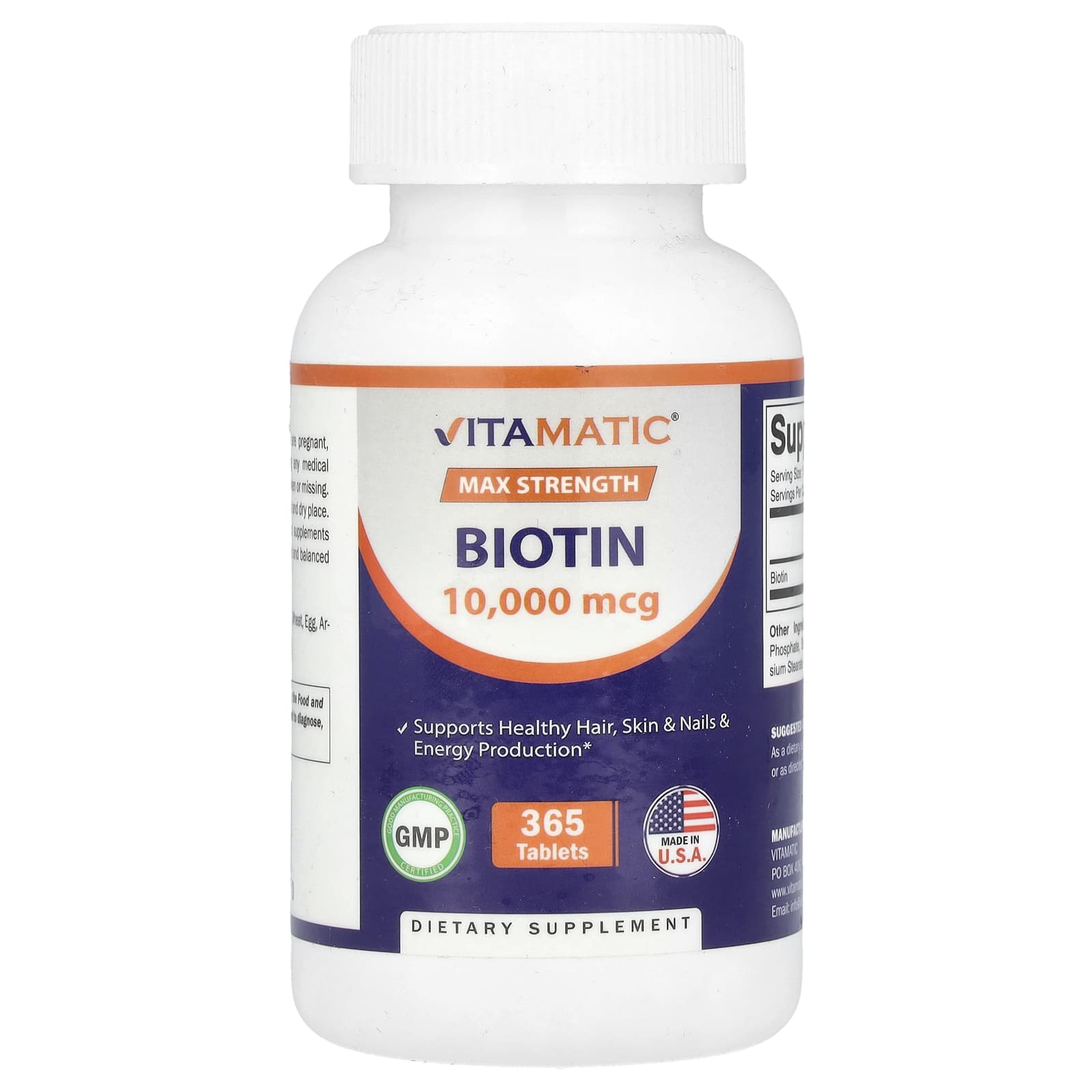 Vitamatic, Biotin, Max Strength, 10,000 mcg, 365 Tablets - Image 1