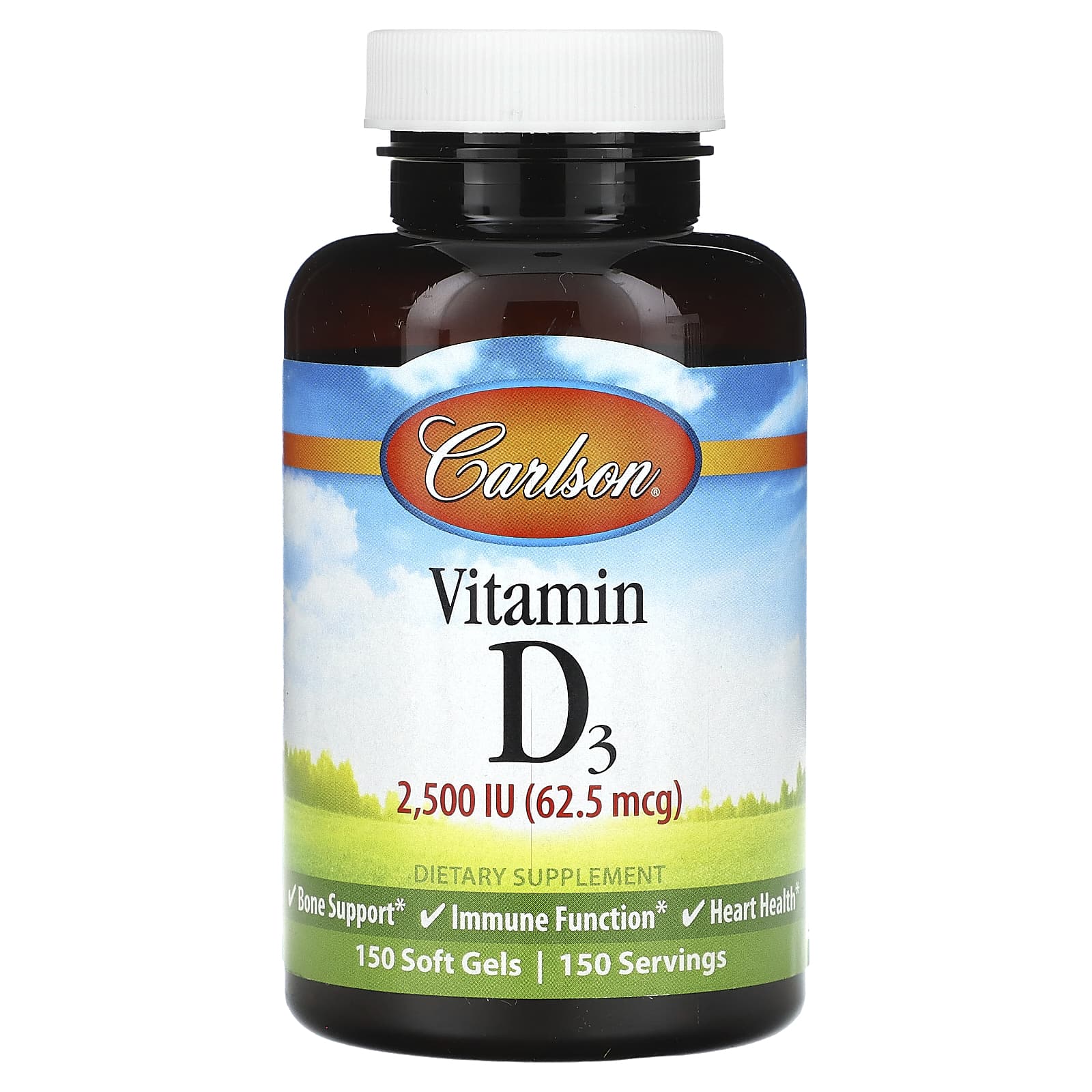 Support Bone Health with Carlson Vitamin D3, 62.5 mcg, 150 Soft Gels - Image 1