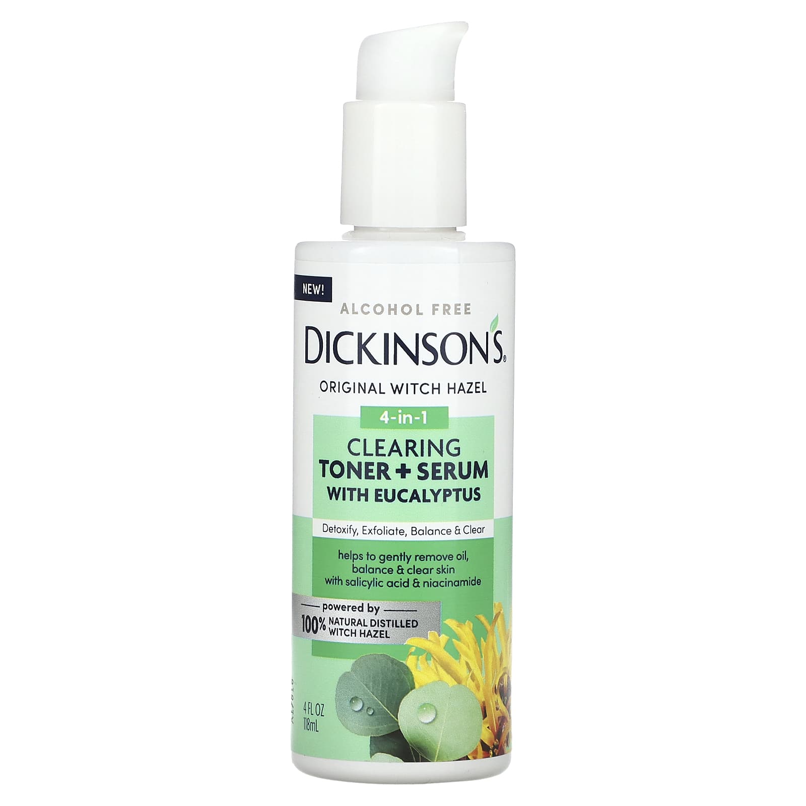 Dickinson Brands, Original Witch Hazel, 4-in-1 Clearing Toner + Serum with Eucalyptus, Alcohol Free, 4 fl oz (118 ml) - Image 1