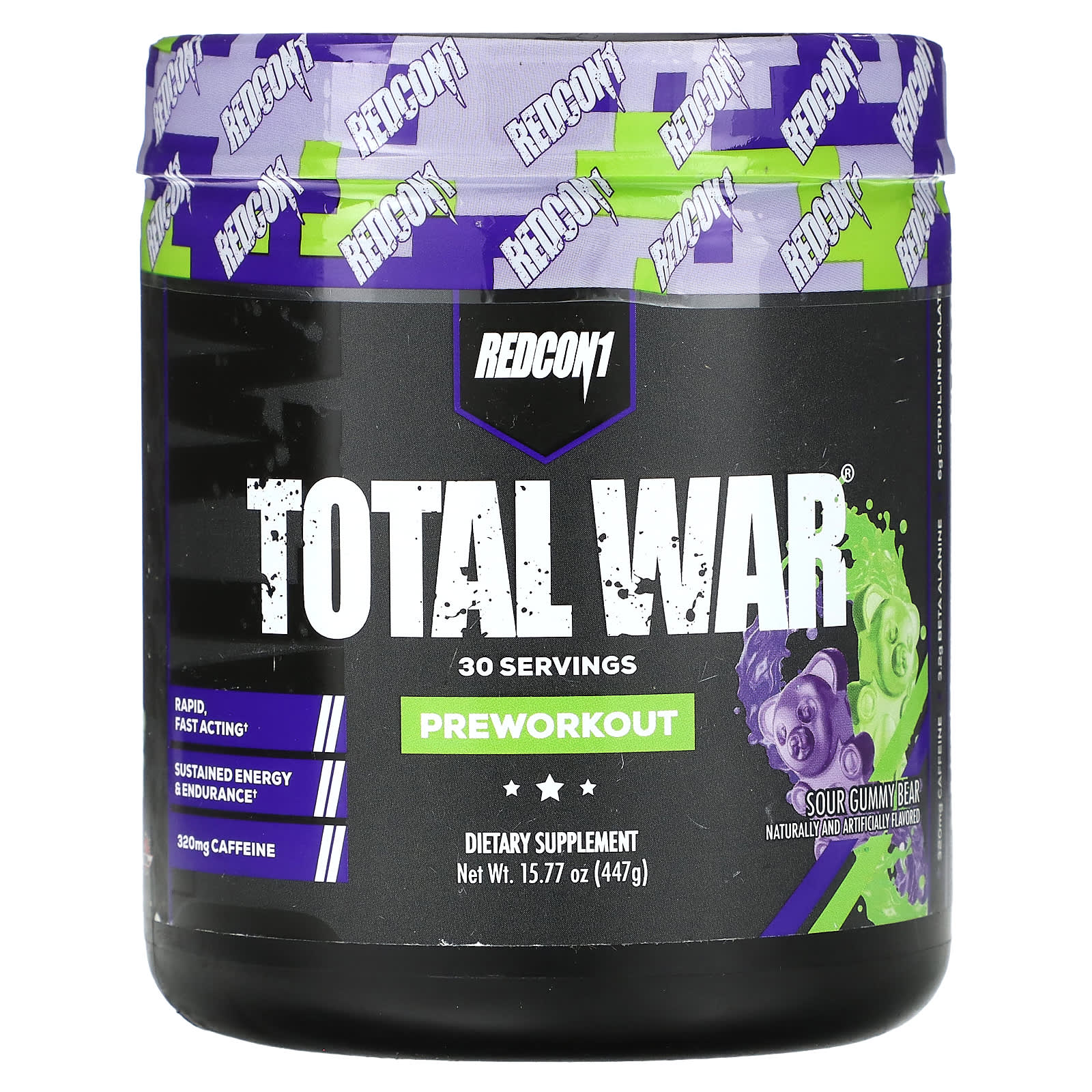 Redcon1, Total War, Preworkout, Sour Gummy Bear, 15.77 oz (447 g) - Image 1