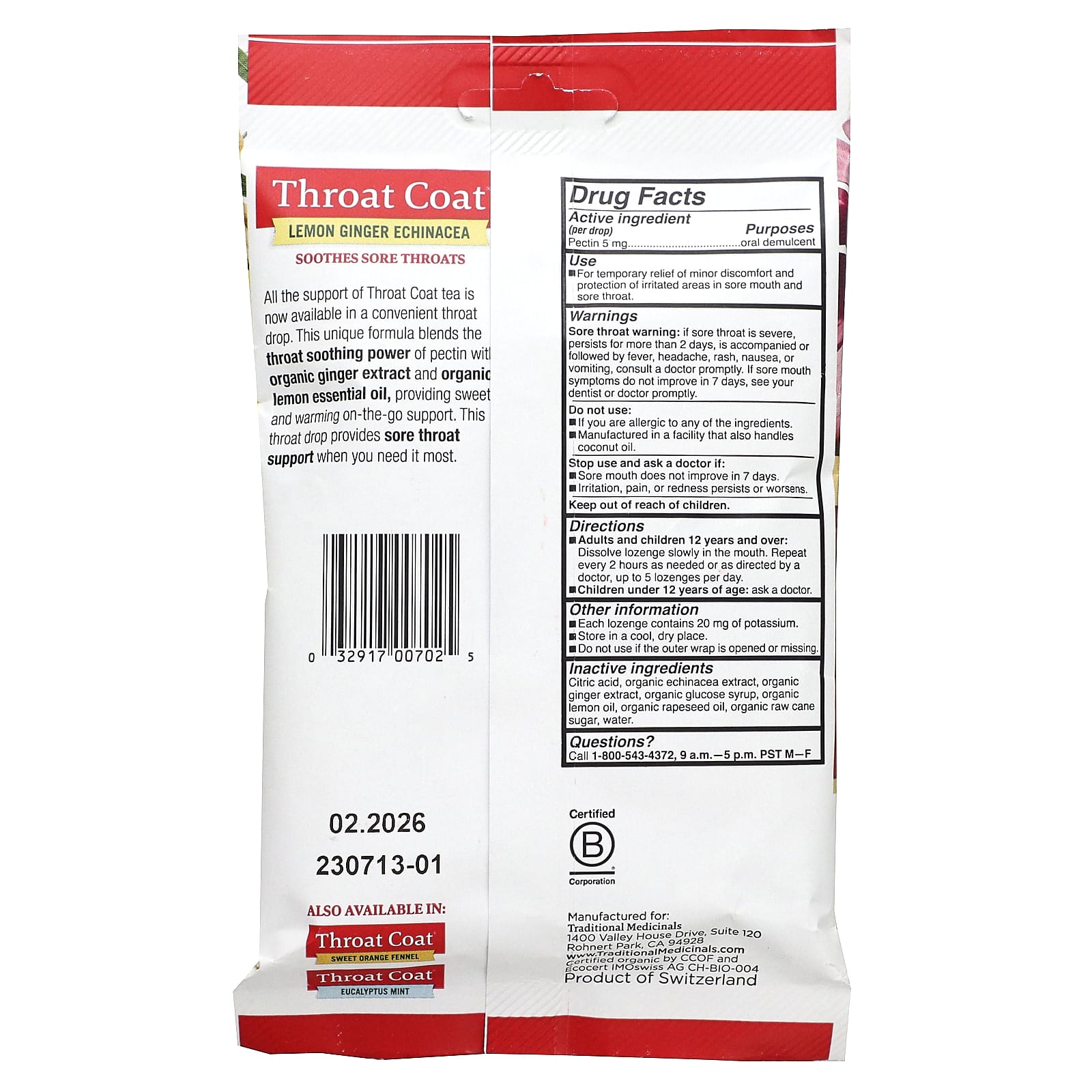 Traditional Medicinals, Organic Throat Coat® Drops, Lemon Ginger Echinacea, 16 Pectin Throat Drops - Image 2