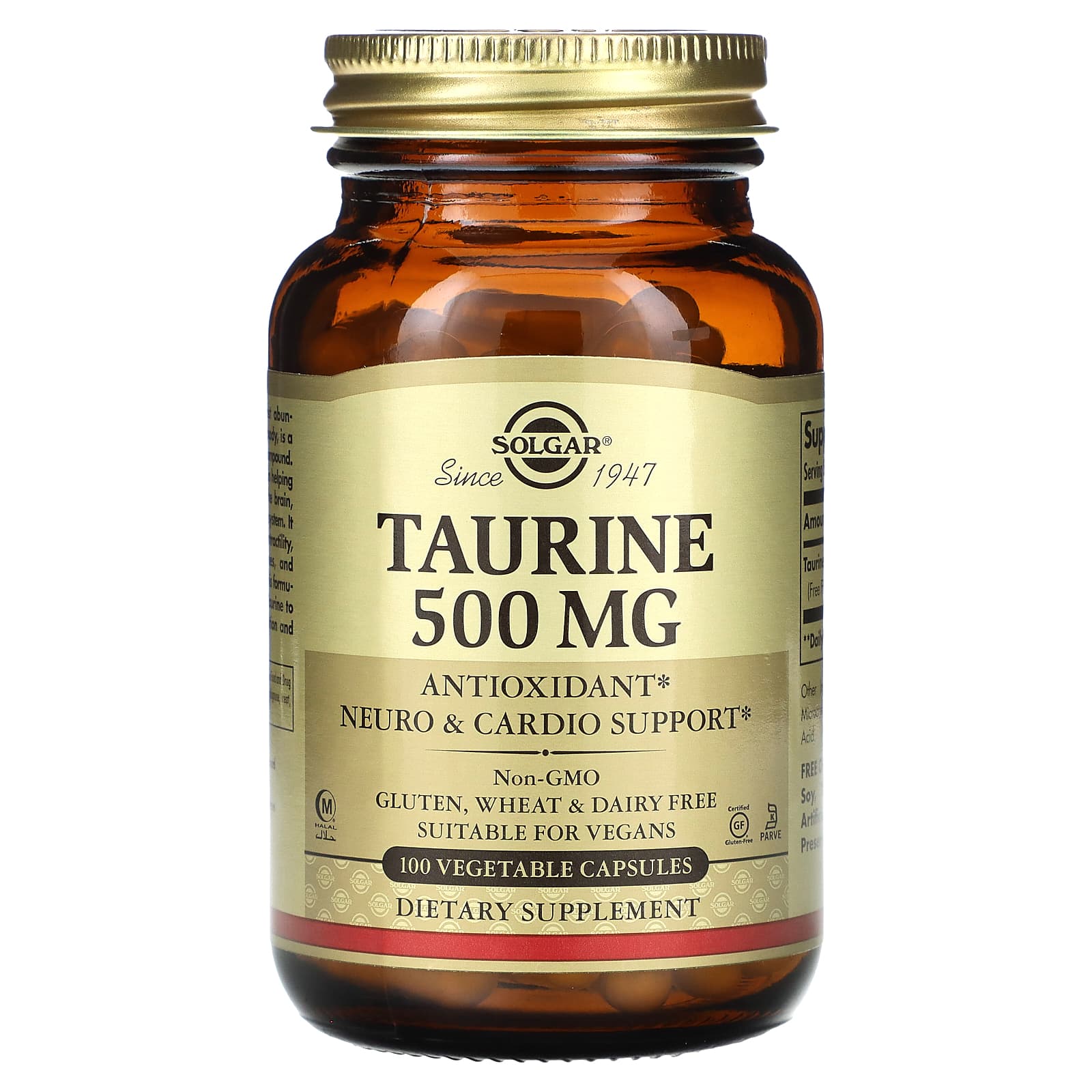 Solgar, Taurine, 500 mg, 100 Vegetable Capsules - Image 1