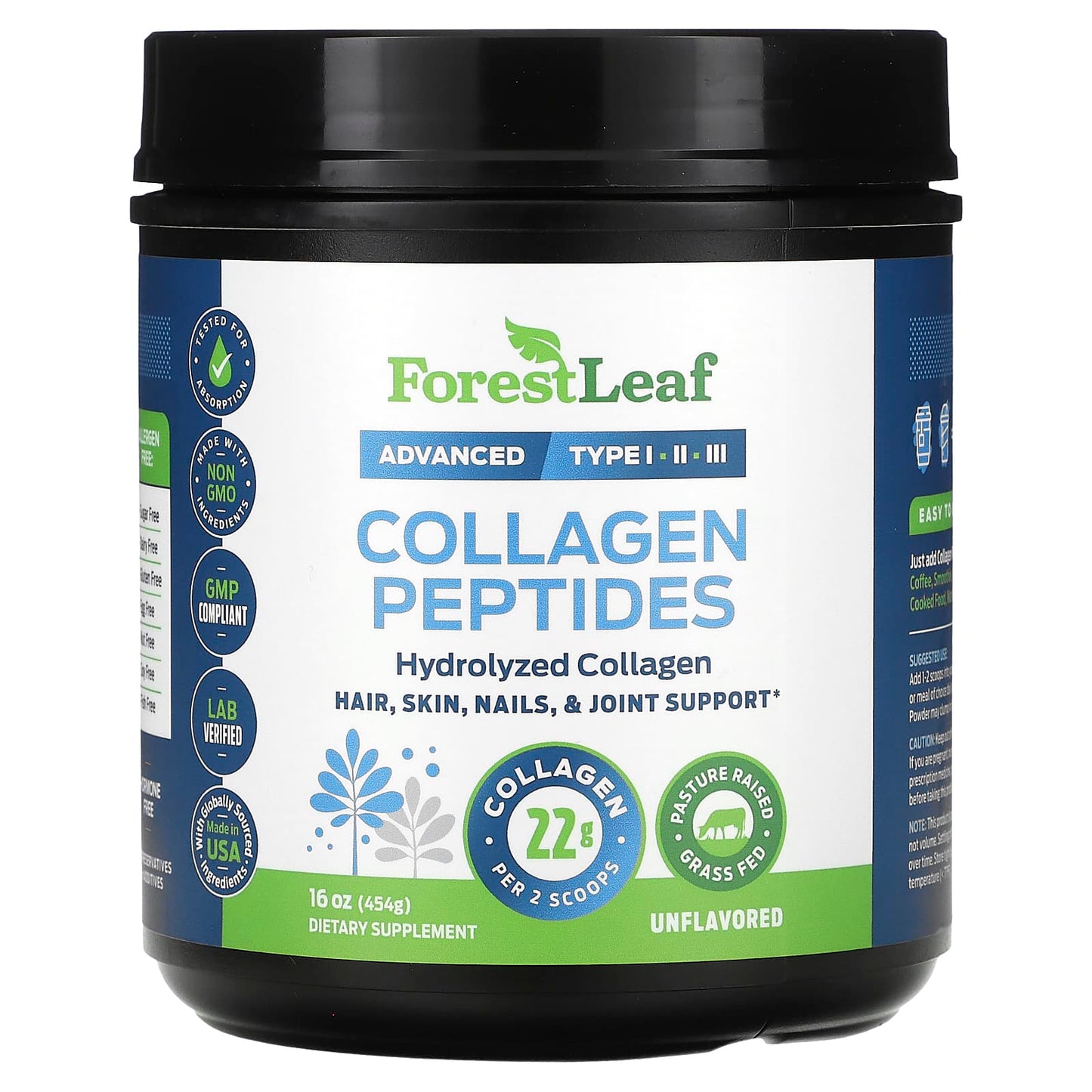 Boost Collagen with Forest Leaf - 16 oz Unflavored Collagen Peptides Powder - Image 1