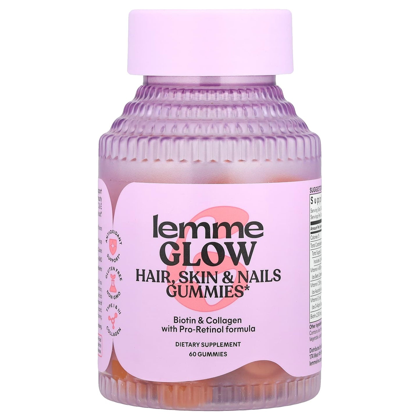 Lemme, Glow, Hair, Skin & Nails Gummies, Peach, 60 Gummies - Image 1