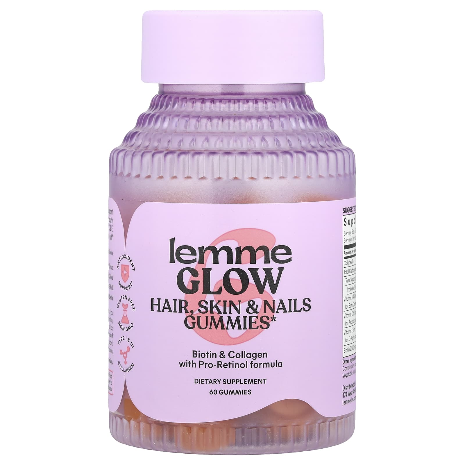 Lemme, Glow, Hair, Skin & Nails Gummies, Peach, 60 Gummies - Image 1